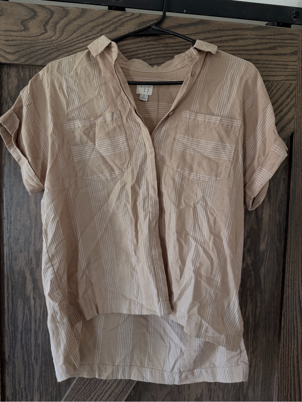 a new day Beige Striped Short Sleeve Button-Front Blouse